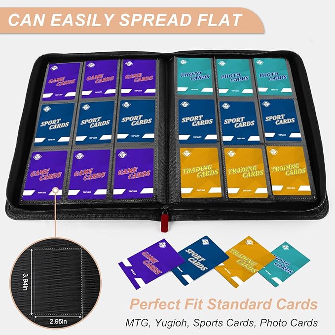 Trading Card Binder 9-Pocket, TCG Binder Fit for MTG Yugioh Card Album Book 432 Side-Loading Pockets, Premium Card Collection Binder for Baseball Football Sports Cards PTCG with Zipper (Red)