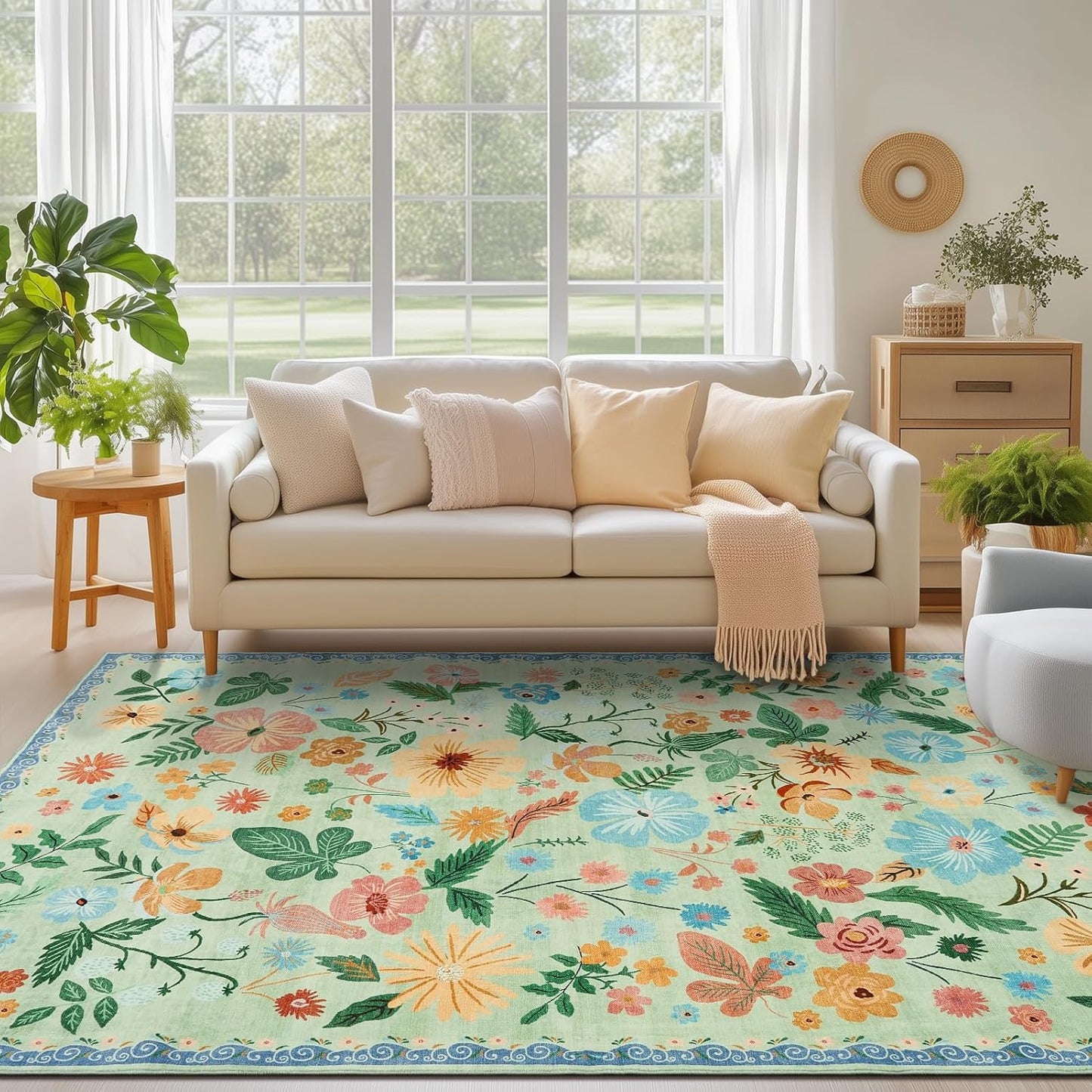 Farmhouse Rugs for Living Room 5x7 Sage Green Floral Faux Fur Low Pile Non Slip Washable Botanical Area Rug Stain Resistant Soft Vintage Carpet Rug for Bedroom Office Dining Room Kids Playroom Spring