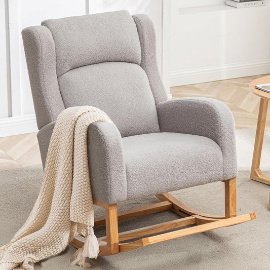 Rocking Chair Nursery, Nursing Rocking Chairs for Mom Nursery, Comfy Wingback Glider Rocking Armchair with Foot Rest and Side Pocket for Nursery Living Room Bedroom, Teddy Grey