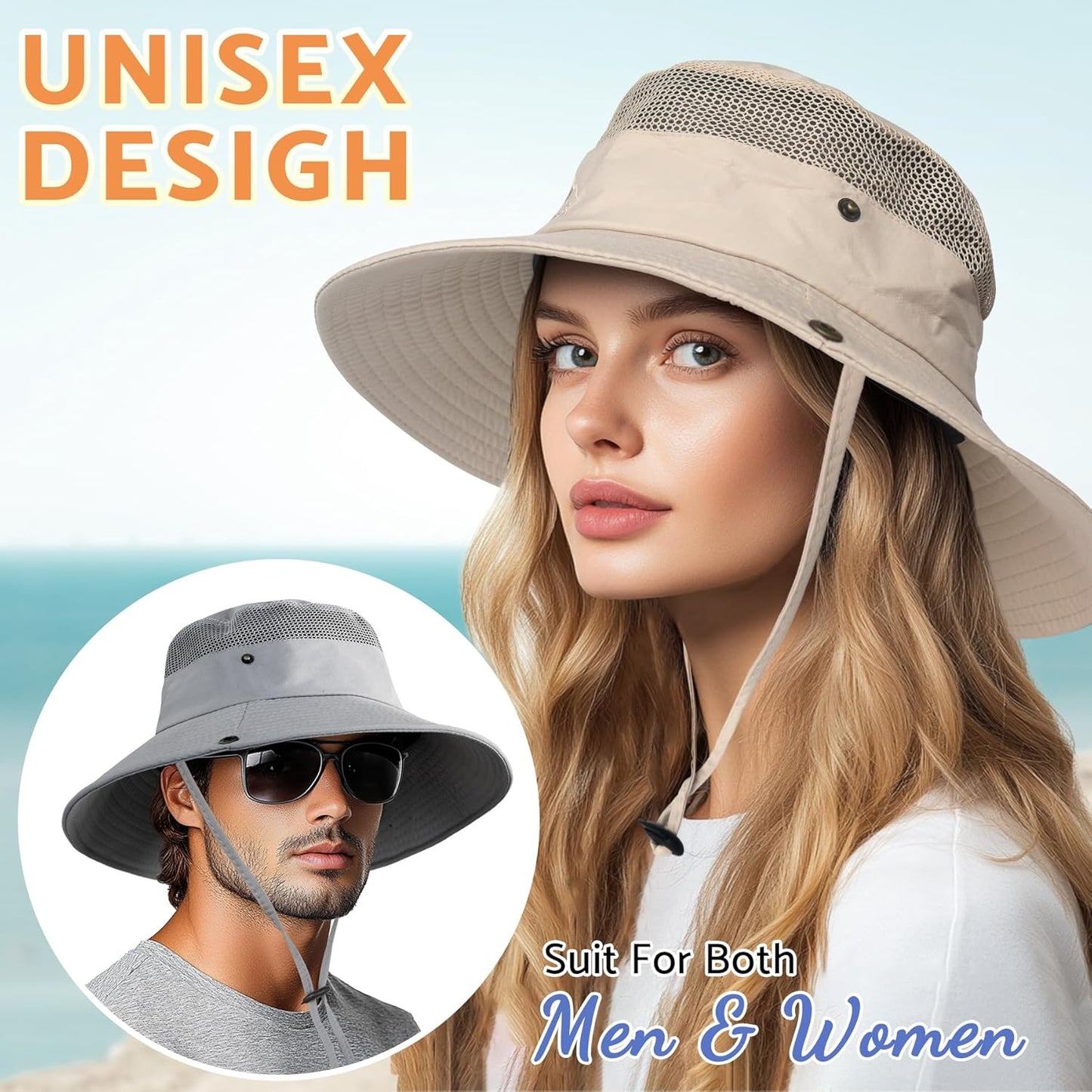 PFFY Sun Bucket Hats for Men Women 3” Wide Brim UPF 50+ Fishing & Beach Hat