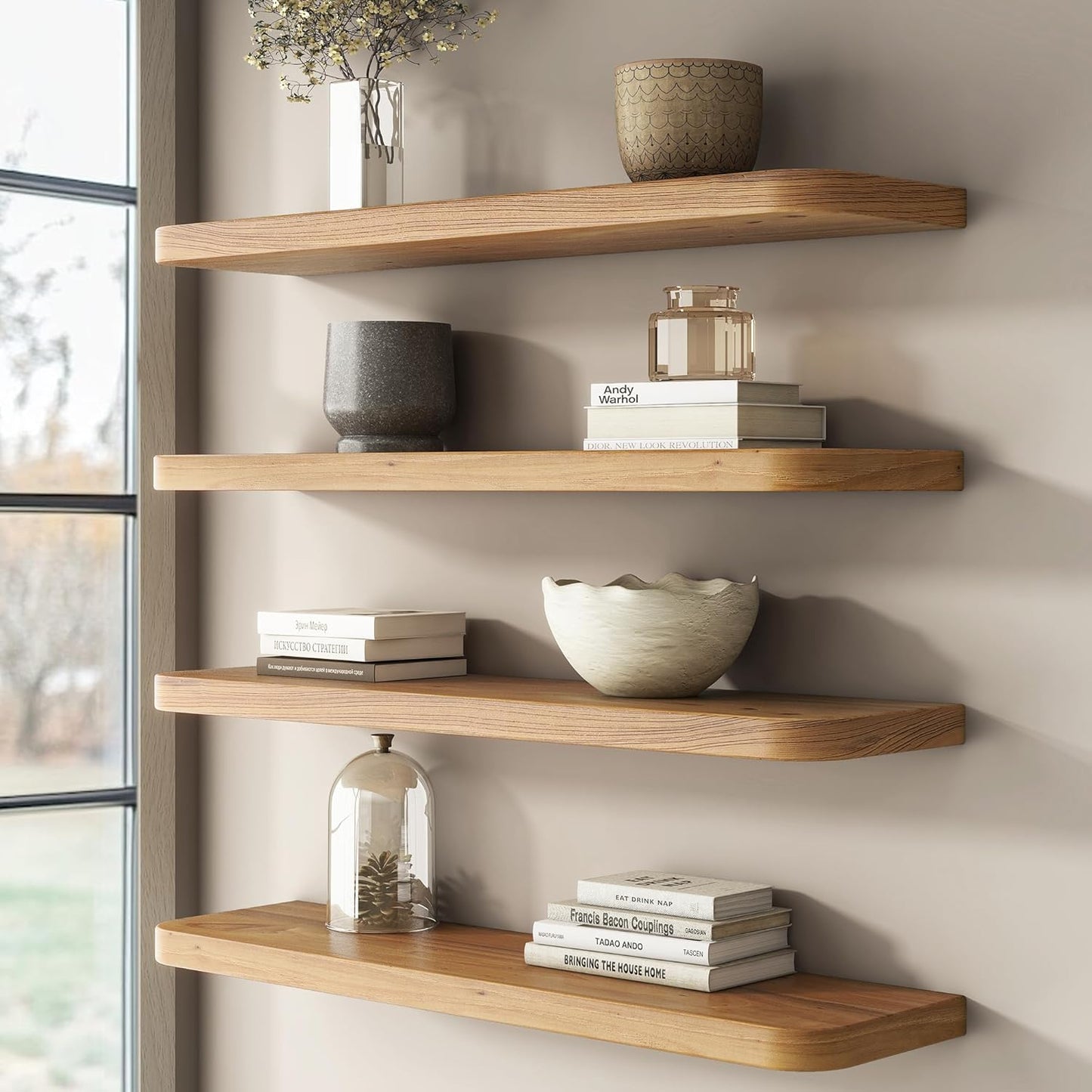 Rustic Elm Wood Floating Shelves for Wall Round Edge, 48"W x 9.2"D x 1.37"H, Set of 1 with Invisible Bracket, Wall Mounted Storage Shelves for Living Room Bedroom Kitchen Bathroom Decor, Natural