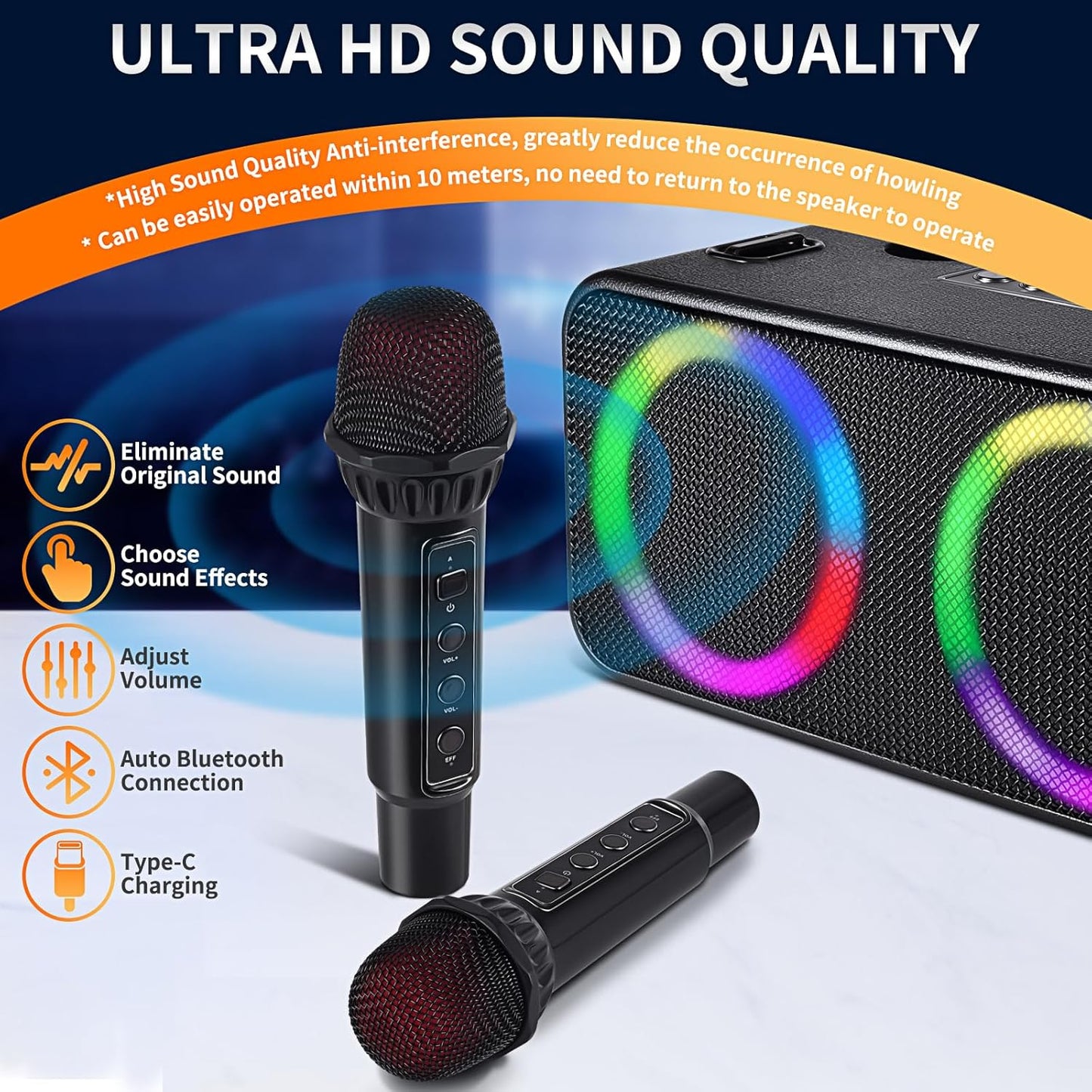 Karaoke Microphone Machines Kids Adults, Karaoke Machine Bluetooth Sound Effects, Bluetooth Wireless Speakers Kareokee Machine Light TF Card/USB Portable Home Party Outdoor/Indoor, Black