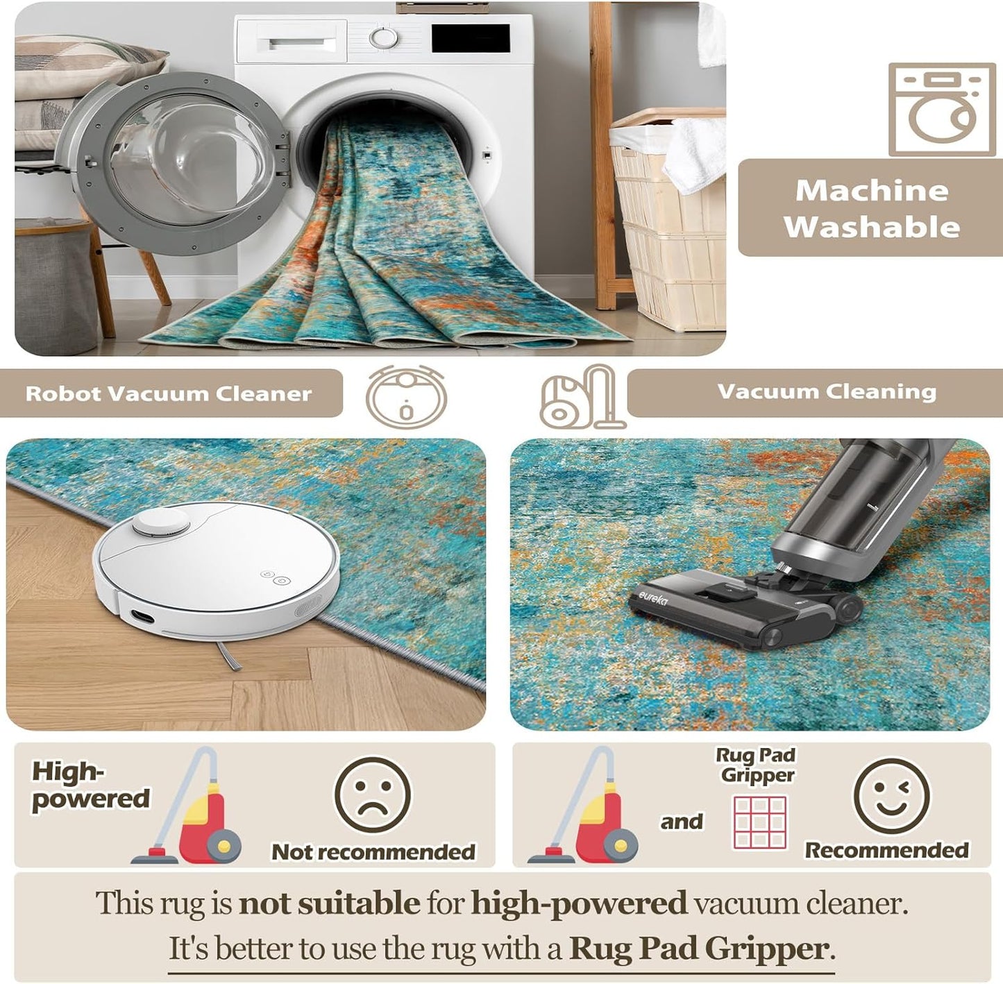 Washable Area Rugs 6'x9' Non-Slip Modern Abstract Soft for Living Room Entryway Bedroom Nursery, Print Pattern, Teal Blue Green Orange Rust Red Colorful