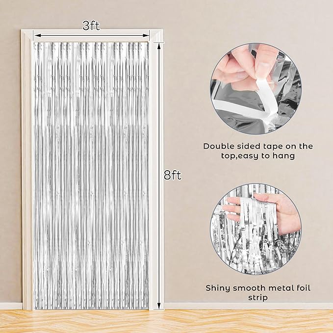 BTSD-home Silver Foil Fringe Curtain, Metallic Photo Booth Backdrop Tinsel Door Curtains for Wedding Birthday Bridal Shower Baby Shower Bachelorette Christmas Party Decorations(4 Pack, 8ft x 3ft)