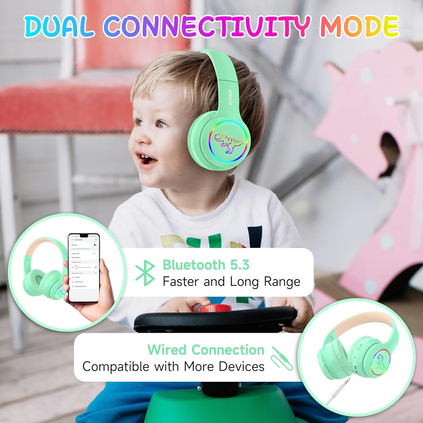 IFECCO Kids Wireless Headphones with Microphone,Cute Light Up Dinosaur Children Boys Girls Bluetooth Headphones with Case for School Travel Gifts