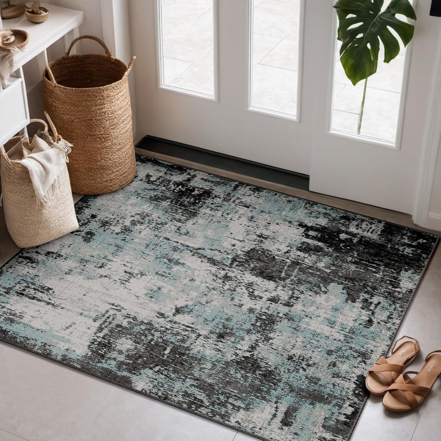 Washable Area Rugs 3'x5' Non-Slip Modern Abstract Soft for Living Room Entryway Bedroom Nursery, Print Pattern, Blue Black Teal