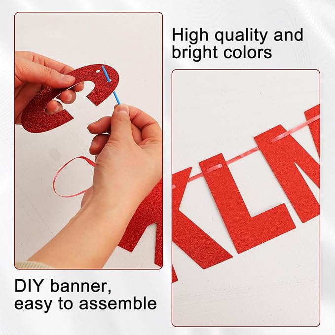 BEISHIDA 116 PCS A-Z Glitter Red DIY Letter Banner Kit Make Your Own Banner，Including 111 Letters and Numbers 3 Rope and 2 Threading Device,Customized for Birthday Graduation Wedding Party Decor