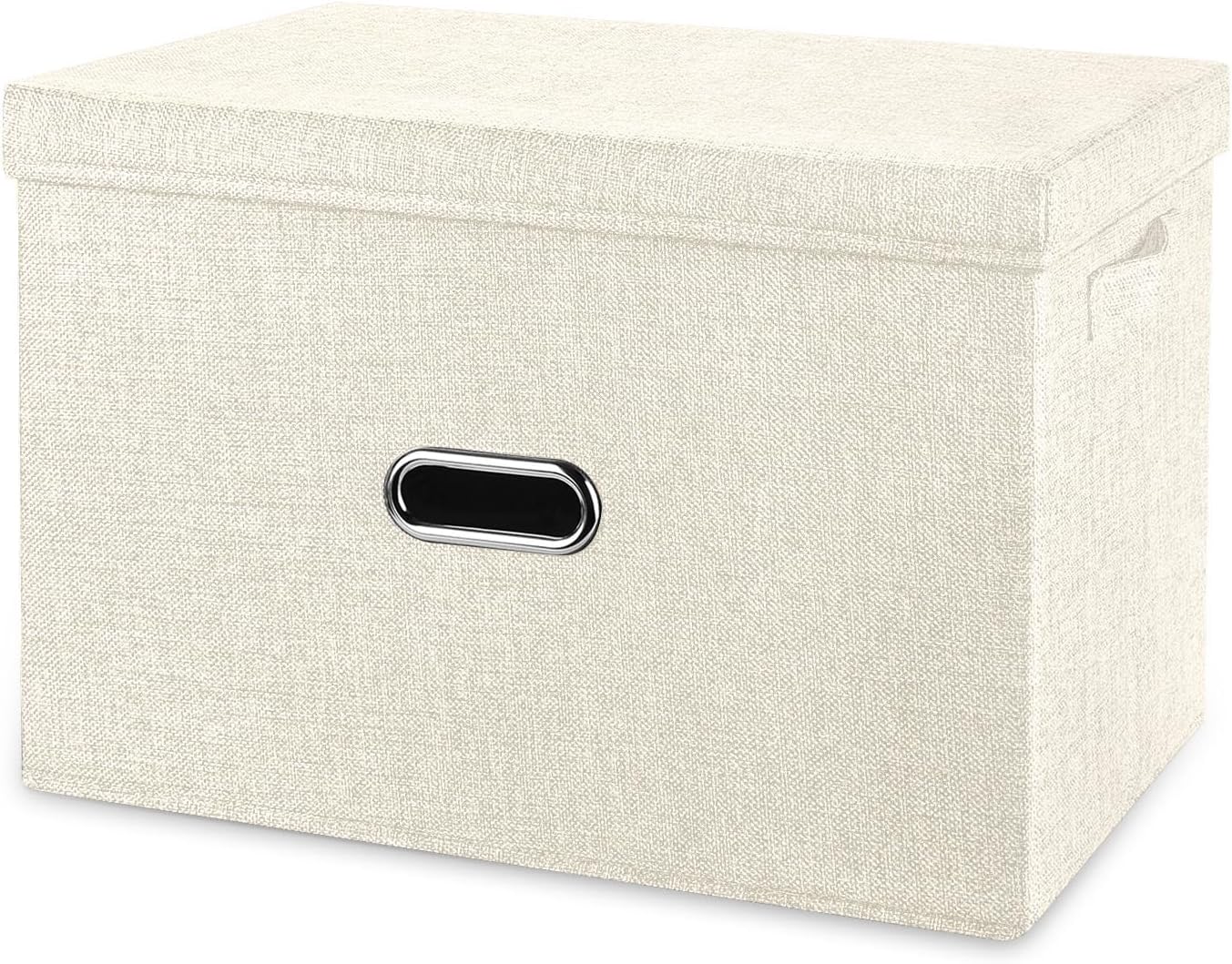 Large Linen Fabric Foldable Storage Bins with Removable Lid and Handles, Washable Storage Box Organizer Containers Baskets Cube with Cover for Bedroom,Office(Cream, Medium)
