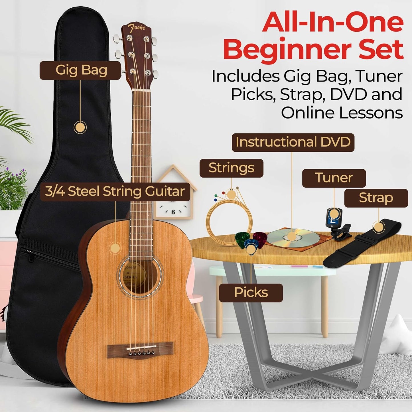 Fender FA-15 3/4-Scale Kids Steel String Acoustic Guitar - Natural Bundle with Gig Bag, Tuner, Strap, Picks, Fender Play Online Lessons, and Austin Bazaar Instructional DVD