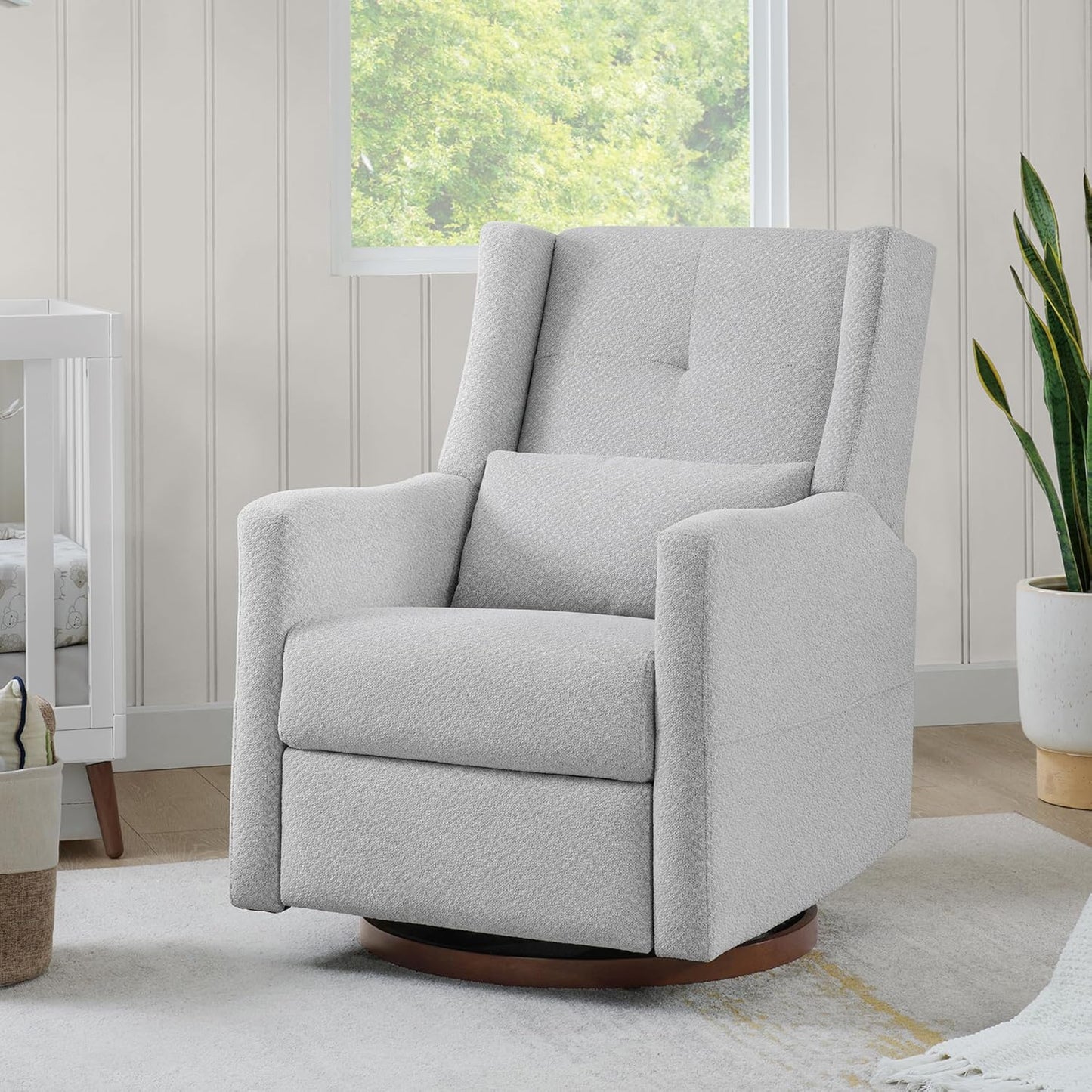Upholstered Recliner Swivel Glider Nursery Chair Reclining Performance Fabric Rocker with Wood Base,Boucle,Grey