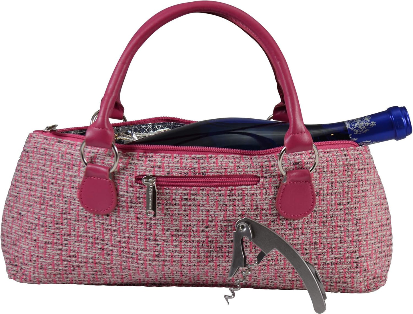 Wine Clutch Bag (Thermal Insulated) Trendy Women’s Carry Tote | Holds Red & White 750mL Bottles | Trendy Fashion | Incl. Portable Waiter-Style Corkscrew (Pink Tweed)