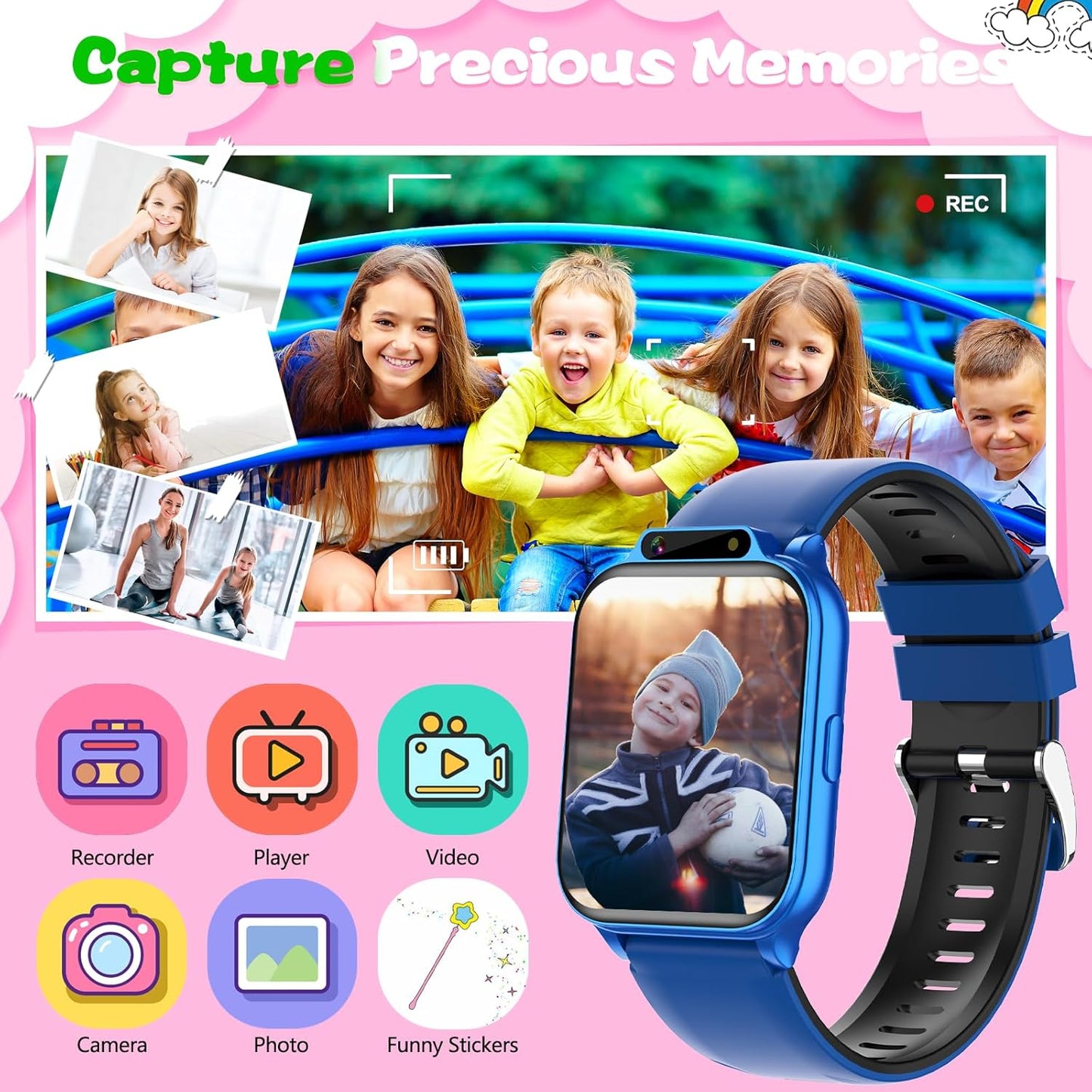 Smart Watch for Kids, 1.85" Fitness Tracker with Heart Rate, Sleep Monitor, IP68 Waterproof Smartwatches with Video Music, Pedometer, Game, NO APP/Phone, Gift for Boys Girls. (Classic, Blue)