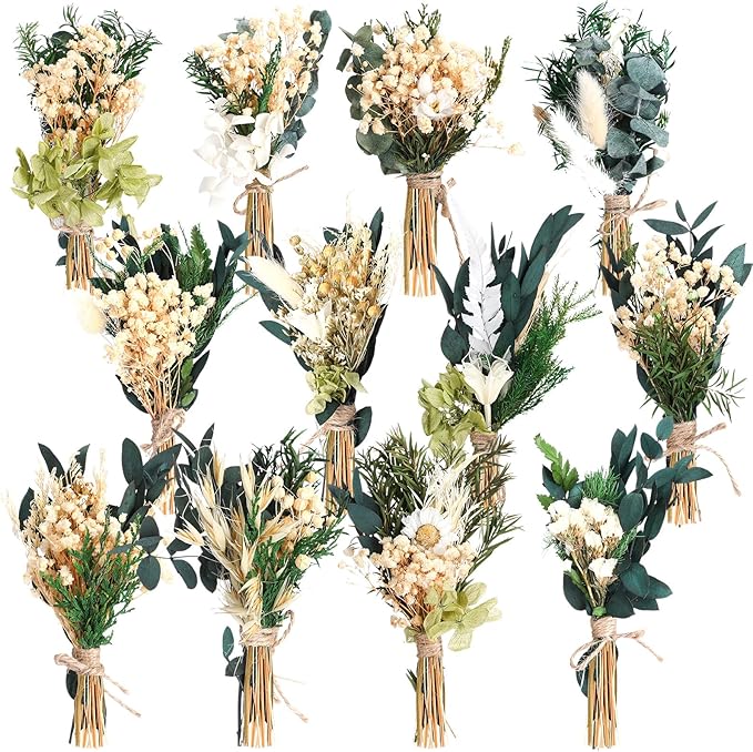 Layhit 12 Pack Boho Dried Flower Bouquet Mini Wedding Handmade Dry Flowers Decor for Vase Crafts DIY Photo Boutonniere for Men Floral Plant for Bridesmaid Gift Birthday Decor