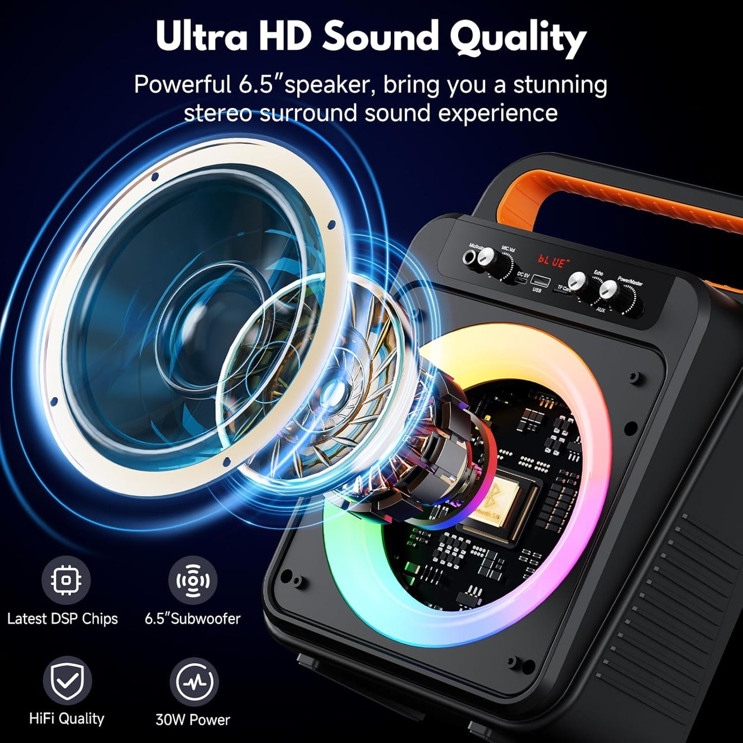 JYX Karaoke Machine with 2 Wireless Microphones, Portable Bluetooth Karaoke Speaker for Adults, PA System Speaker with LED Lights Support REC/USB/AUX/TF for Outdoors Home Party (MS79)