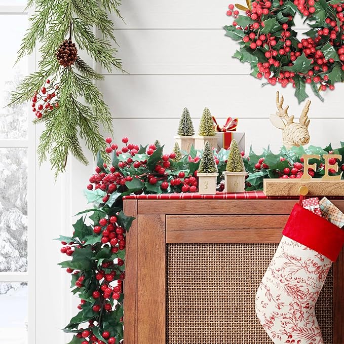 Uguisu 5.6ft Red Artificial Christmas Garland,Eucalyptus Green Garland with Berry Flower Clusters,Artificial Vines for Backdrops, Fireplaces,Dining Tables,Christmas Parties,Indoor and Outdoor Decor.