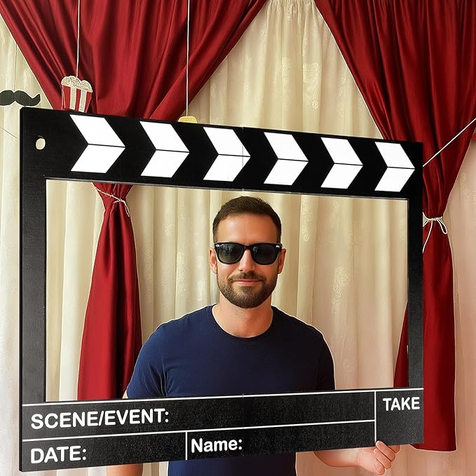 Large Wooden Movie Night Party Decorations, Movie Night Photo Booth Props, 25.59 x 15.75 Inch Photo Frame Film Theme Clapper Wooden Board for Birthday Party Supplies