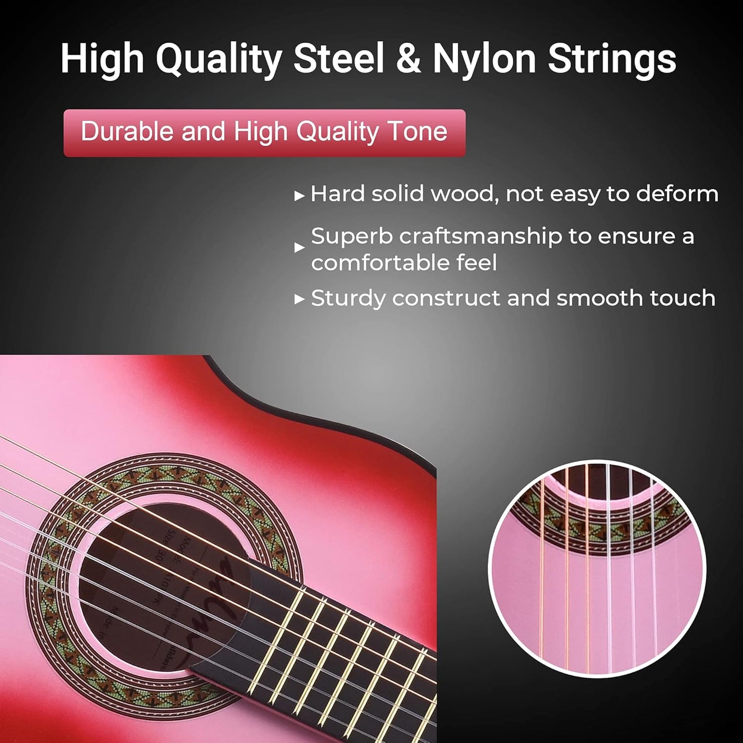 ADM Beginner Acoustic Classical Guitar 30 Inch Nylon Strings Wooden Guitar Bundle Kit for Kid Boy Girl Student Youth Guitarra Online Lessons with Gig Bag, Strap, Tuner, Extra Strings, Picks,Pink 1