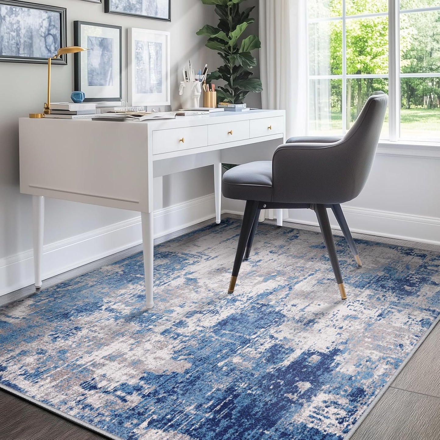 Washable Area Rugs 4'x6' Non-Slip Modern Abstract Soft for Living Room Entryway Bedroom Nursery, Print Pattern, Blue Grey Navy Gray