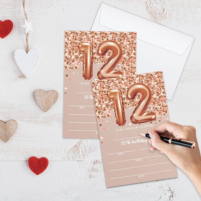 12th Birthday Invitation Cards, Rose Gold Glitter 12th Birthday Party Invites, Kids Happy Birthday Party Decorations Supplies, 20 Fill-in Cards with Envelopes for Boys or Girls Party Celebration - C04