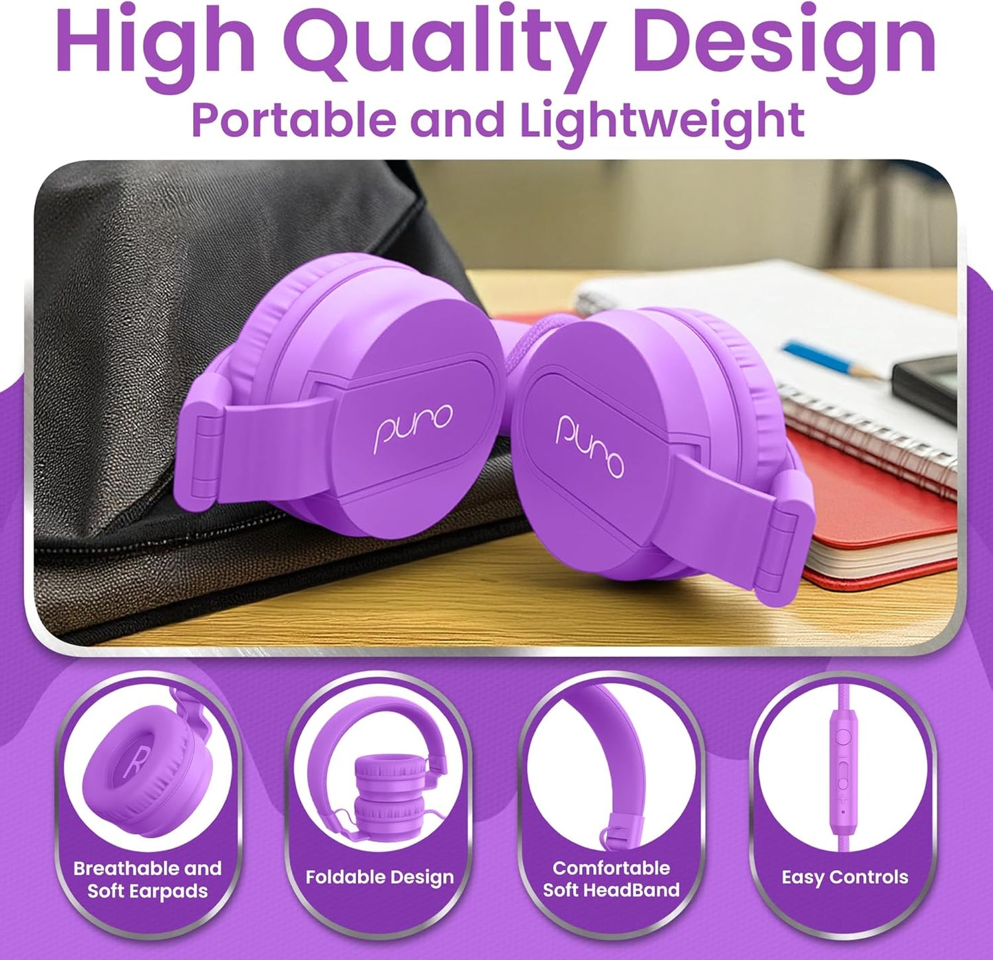 Puro Sound Labs PuroBasic Wired Headphones for Kids - Volume-Limiting & Adjustable with Microphone – Compatible with Smartphones, Tablets, PCs, and More – Safe, Durable Headphones for Kids – Purple