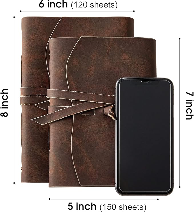 Leather Journal Notebook, A5 Size Diary 6x8.1 Inches, Genuine Leather Journals for Writing, Vintage Style, Ideal for Men and Women, Brown