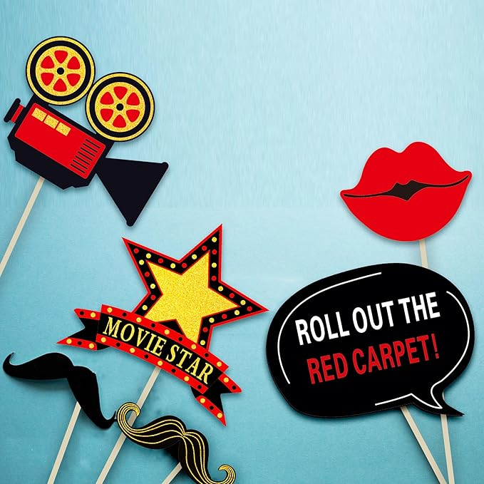 34pcs Hollywood Themed Movie Night Party Photo Booth Props, Hollywood Selfie Frame with Party Photo Props, Red Carpet Cutouts Cards Table Toppers Theme Decor Movie Night Party Supplies