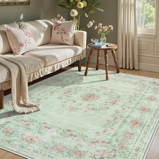 Wonnitar Floral Bow Print Washable Rugs 5x7, Sage Green Rug for Living Room, Ultra-Thin Non Slip Soft Boho Carpet for Dining Room Bedroom Kid Room Playroom, Light Green