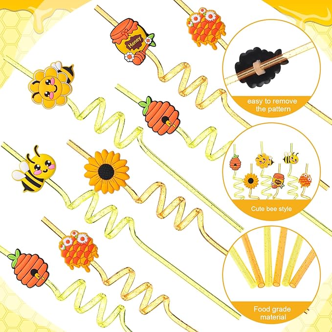 Yungyan 16 Sets Honey Bee Party Favors Goodie Cups with Lids and Straws for Birthday Decorations Reusable 16oz Plastic Candy Cups Plastic Straws for Birthday Party(Bee)