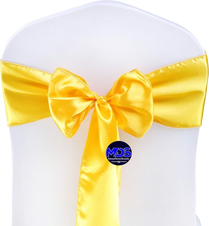 MDS Pack of 50 PCS Satin Chair Sashes Charmeuse Sateen Dining Chair Bows Ribbon Ties Back Sash for Wedding Party Birthday Home Hotel Restaurant Banquet Decoration (7 x 108 Inch, Yellow Gold)