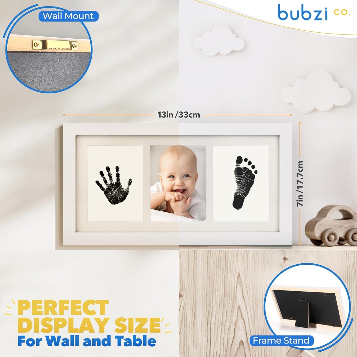 Bubzi Co Baby Handprint Kit & Footprint Photo Frame for Newborn Girls and Boys, Unique Baby Shower Gifts Set for Registry, Memorable Keepsake Decorations for Room Wall or Nursery Decor (White)