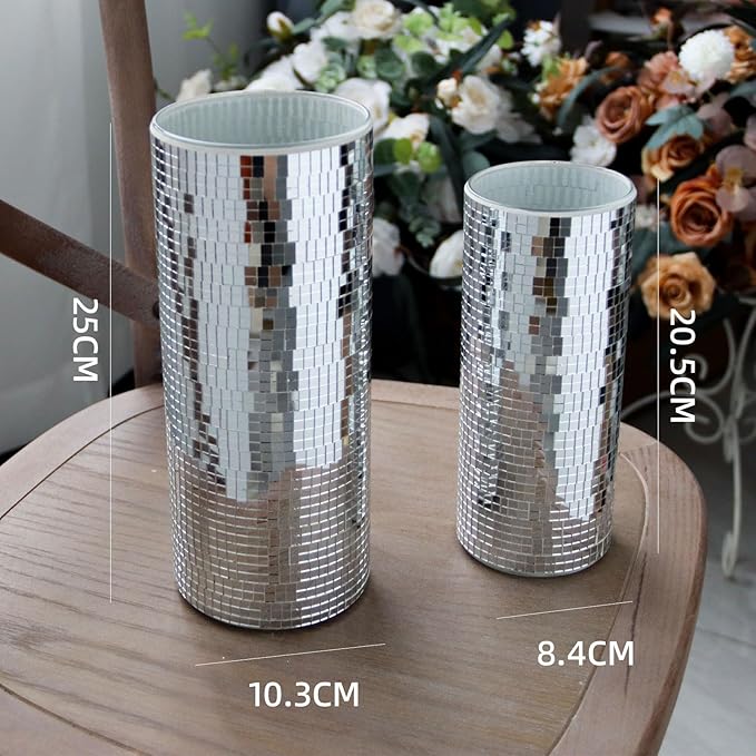 WDHODEC Disco Vase for Flowers 2 PCS Glass Mirror Vases for Living Room, Dining Room Centerpieces, Wedding Office Decorative Display Fresh Flowers, Candles, Or Seasonal Decorations