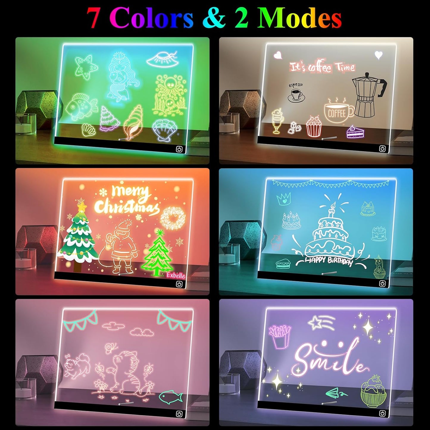 14“ LED Drawing Board 7 Colors Light Acrylic Dry Erase Lumiboard for Kids with Stand 2 Modes as Night Light for Room/Store/Office Ideal Gift for Festival Decoration 7 Markers