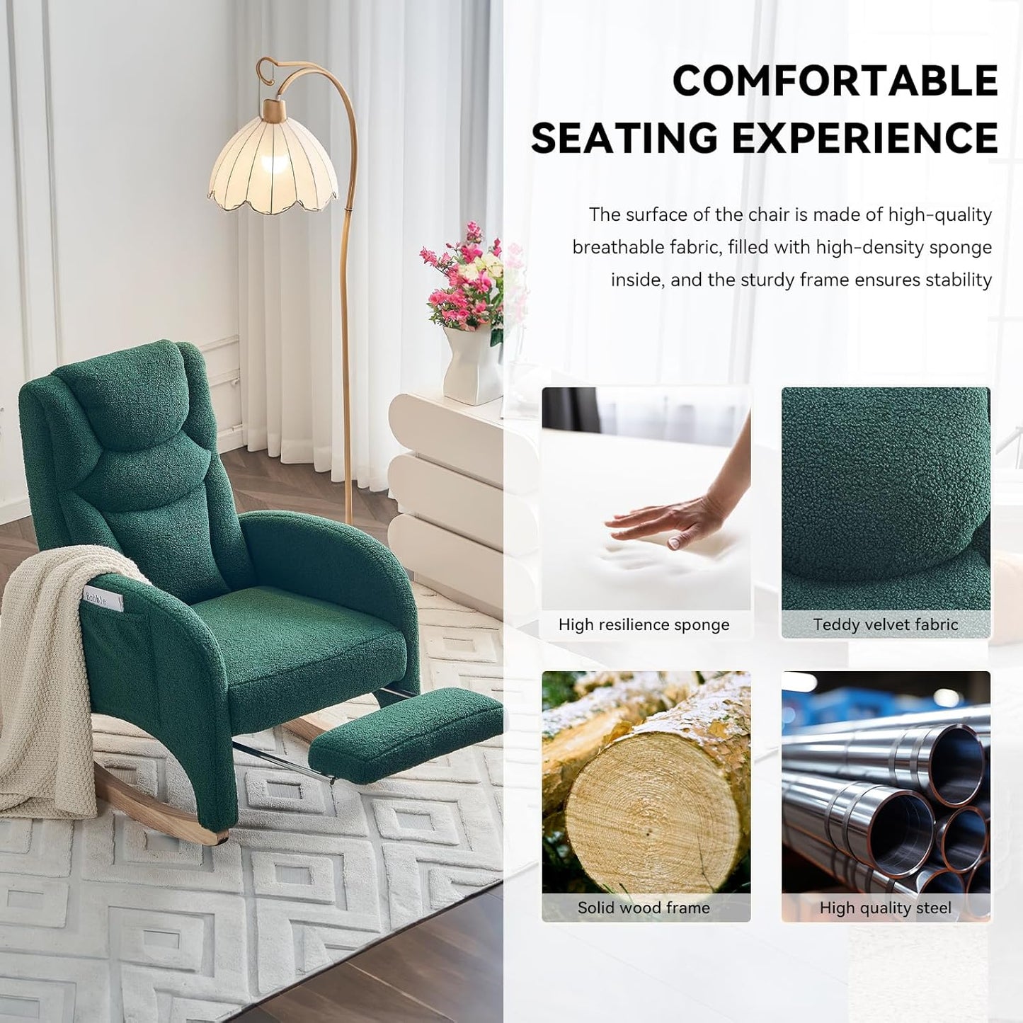 Rocking Chair Nursery, Modern Glider Chair with Adjustable Footrest and Solid Wood Legs, High Backrest Nursery Chair with Side Pocket, Rocker Armchair for Living Room Bedroom, Teddy Green