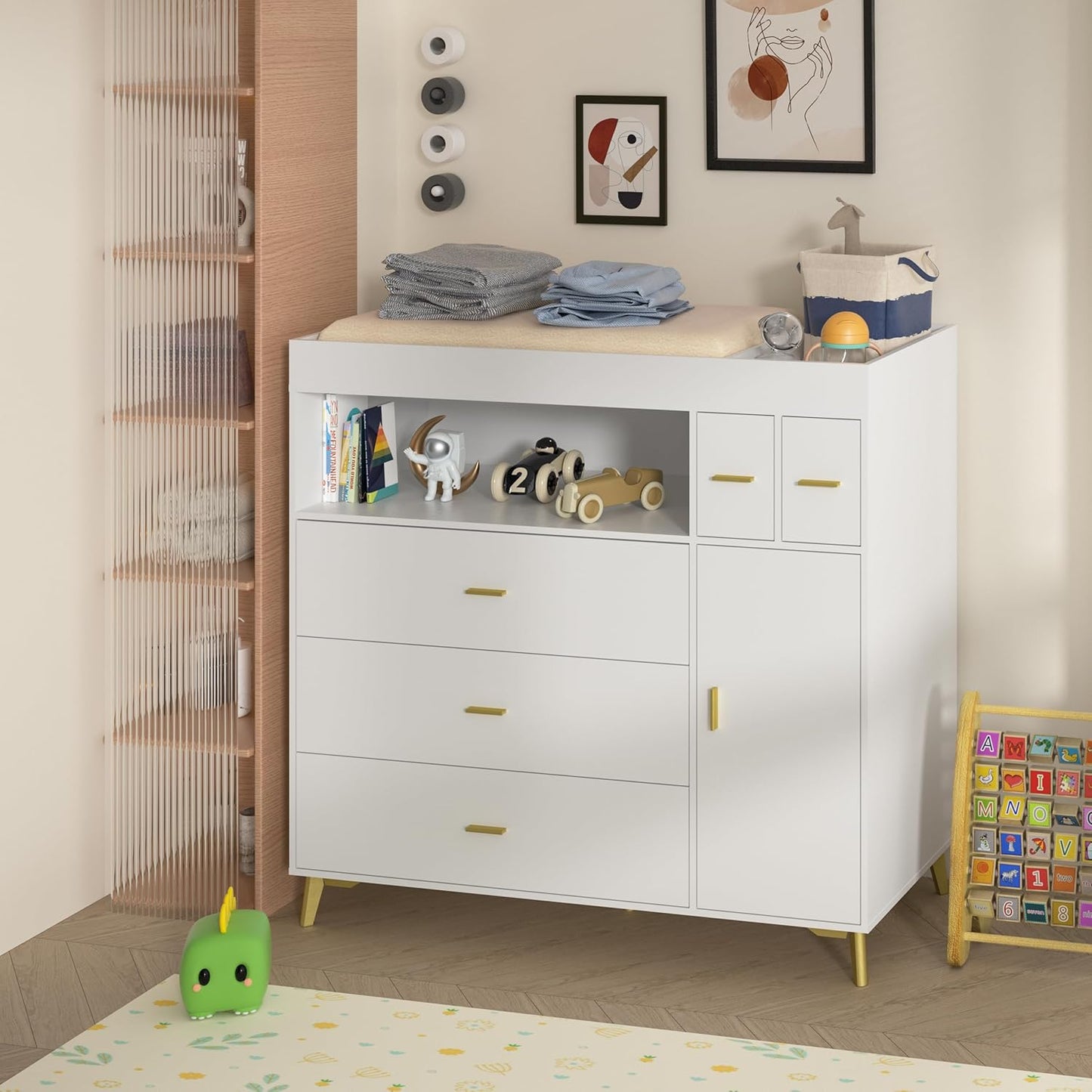 PakaLife Changing Table with Drawers, White Drawer Dresser,Changing Table Dresser with 5 Drawer & Cabinet…