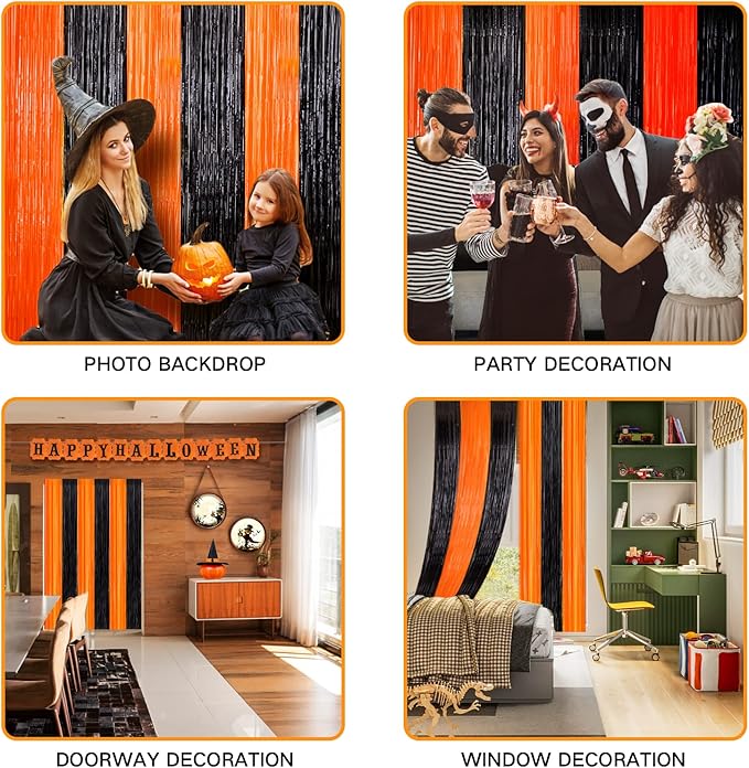 4 Pack Black and Orange Tinsel Foil Fringe Curtains, Halloween Party Photo Backdrop Streamers Backdrop for Birthday Anniversary Party Halloween Party Decoration