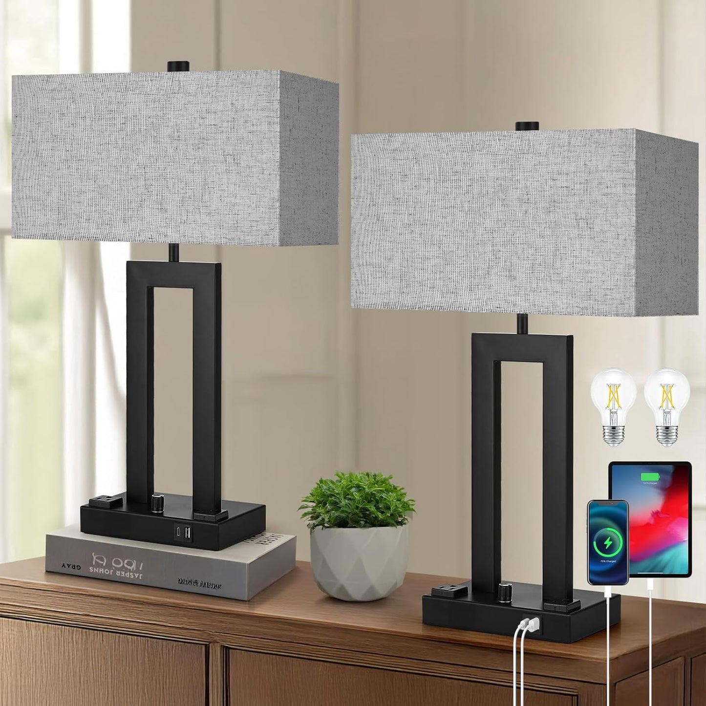 Modern Table Lamps Set of 2-22" Tall Bedside Lamps with USB-C/USB-A Charge Ports & Outlet, Stepless Dimmable Fabric Gray Shade Nightstand Lamps for Bedroom & Living Room