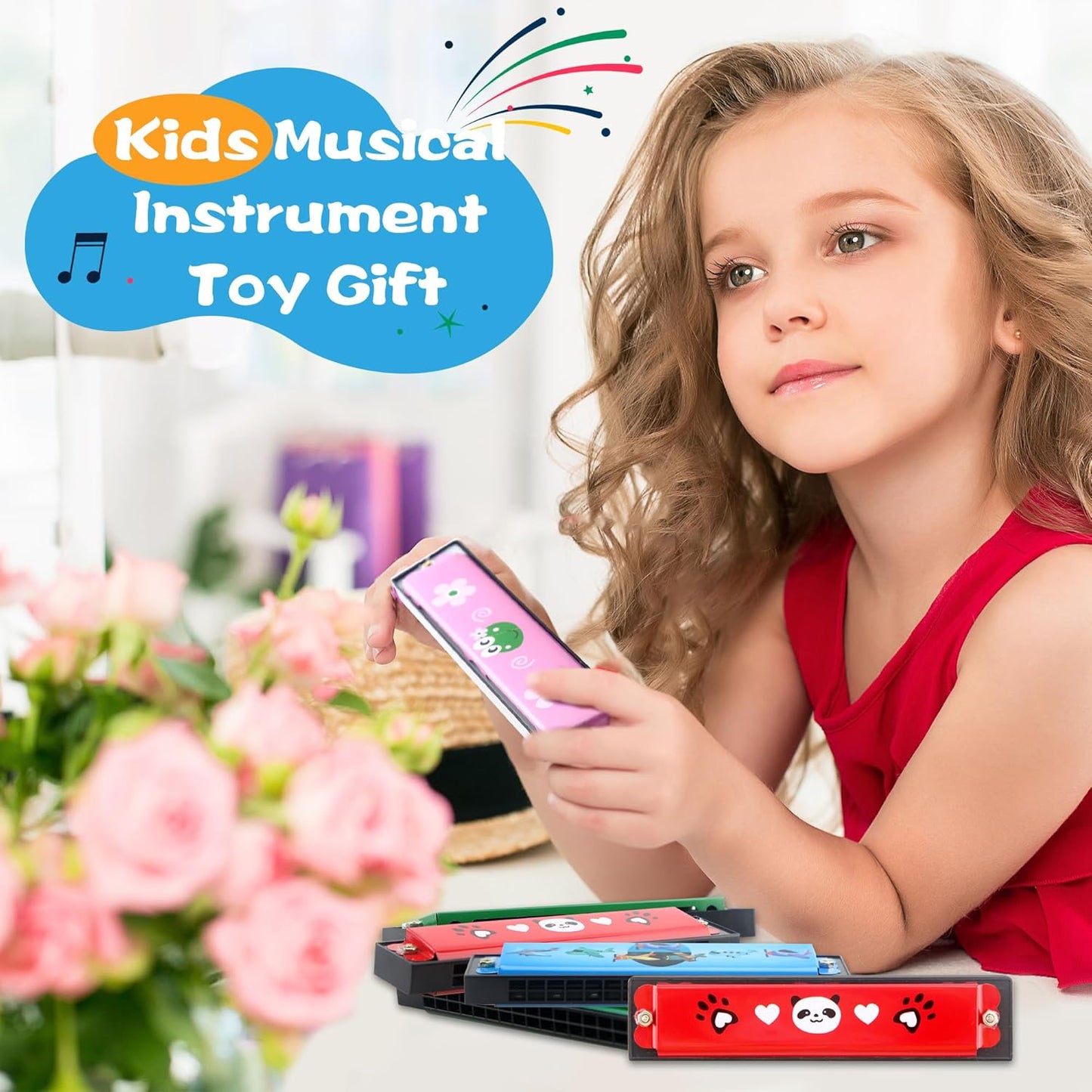 80 Pcs Children's Harmonica Bulk - 16 Hole Plastic Cartoon Harmonica Toy for Kids - Musical Instrument for Birthday Party Favors, Random Color Pattern