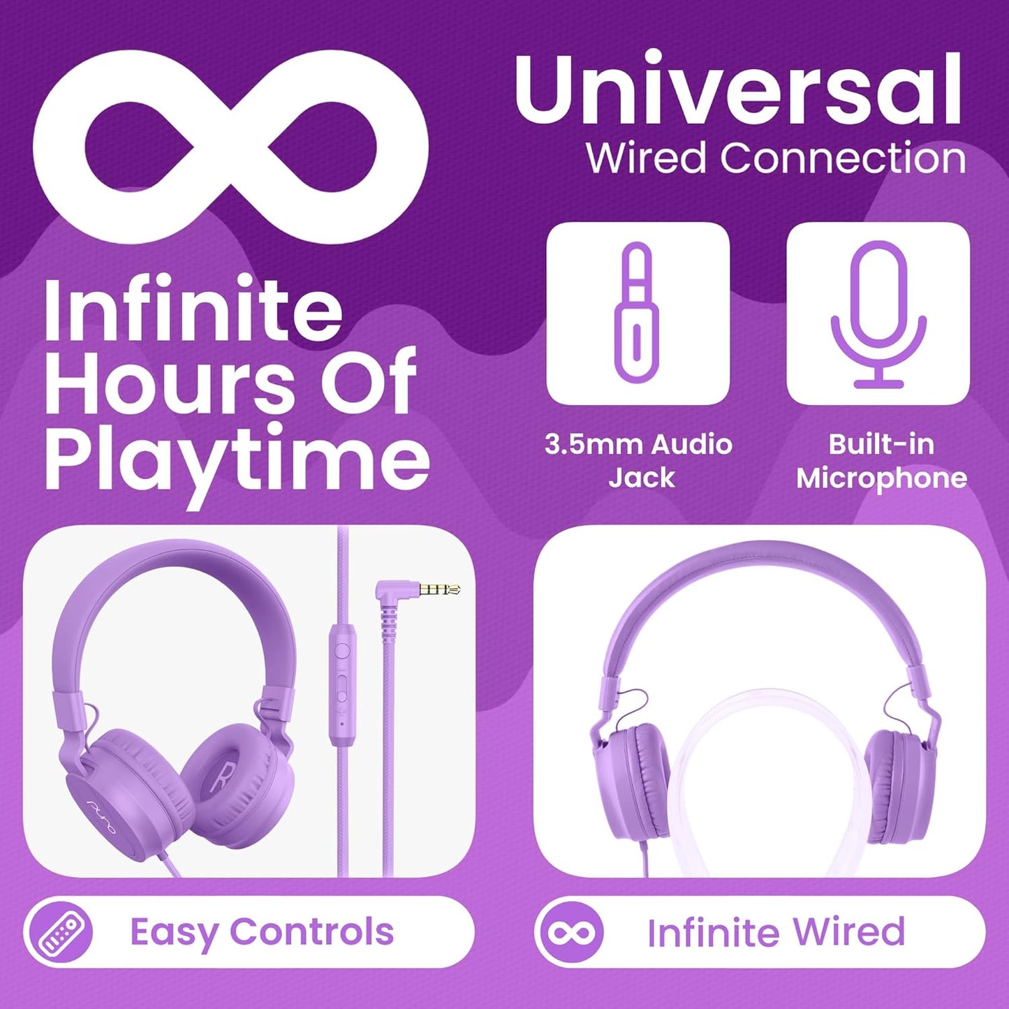 Puro Sound Labs PuroBasic Wired Headphones for Kids - Volume-Limiting & Adjustable with Microphone – Compatible with Smartphones, Tablets, PCs, and More – Safe, Durable Headphones for Kids – Purple