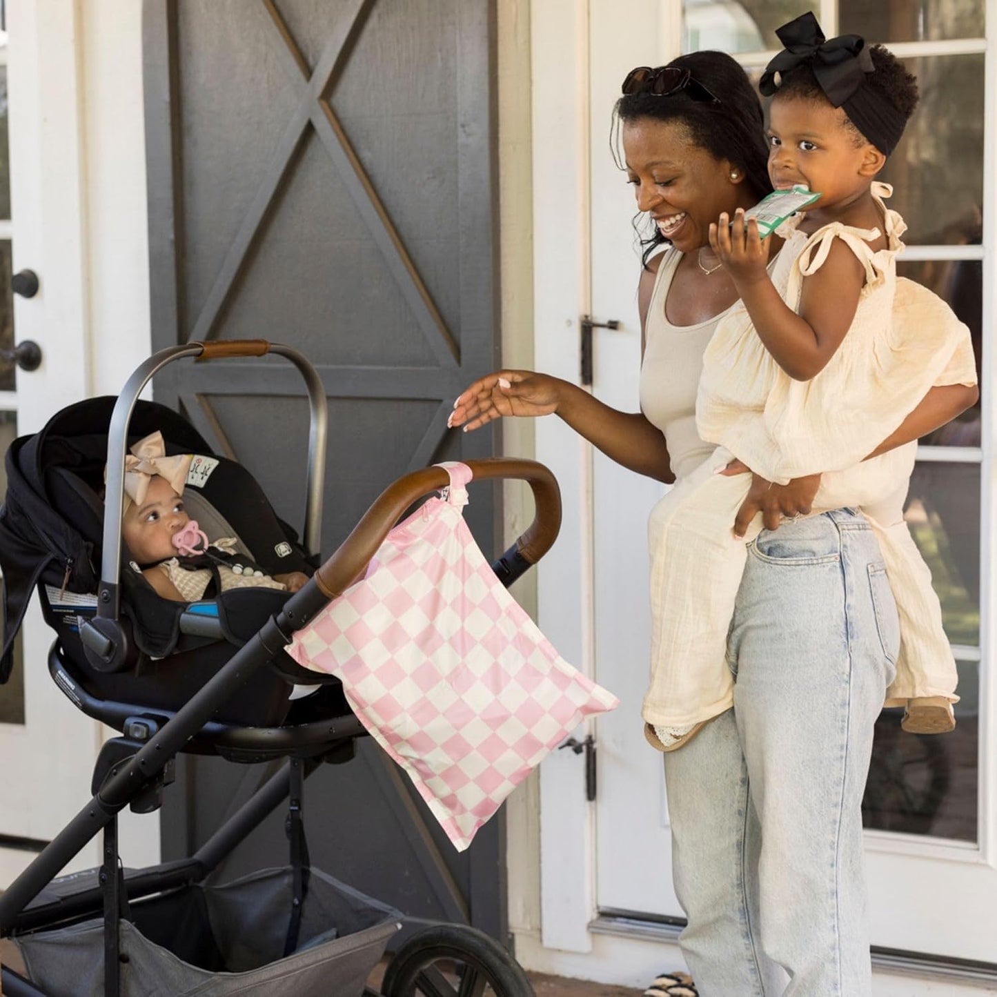 Tiny Twinkle Mess-Proof Waterproof Wet Dry Bag | 2-Pack Reusable Wet Bags for Swimsuits & Baby Clothes | Leakproof Wet Bag for Travel & Diaper Changes for Baby (Pink, Brown Checkers)