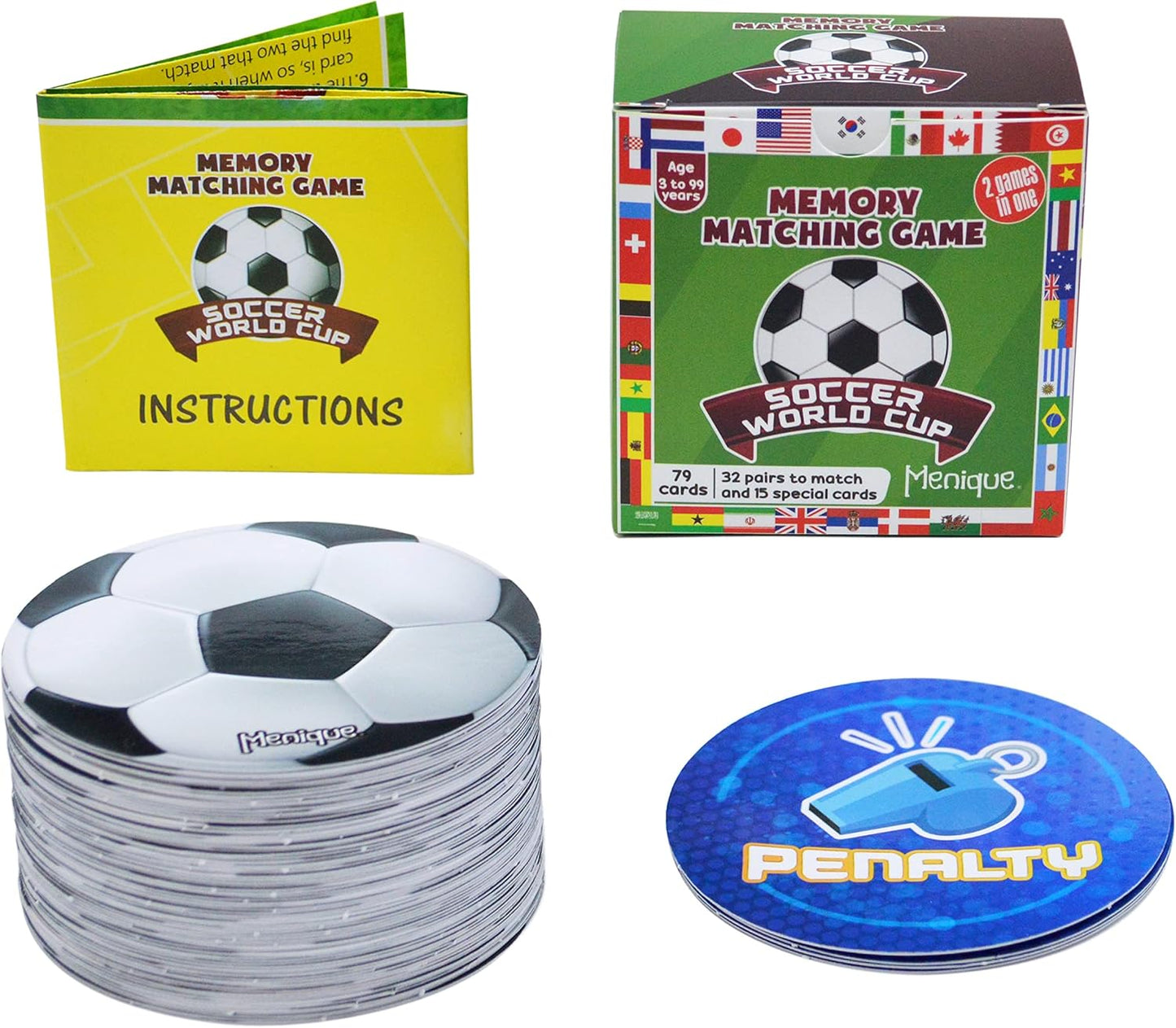 Menique Soccer World Cup Memory Matching Game – 79 Cards (32 Country Pairs + 15 Action Cards) – 2 Games in 1: Flags + Penalty Challenge – Bilingual Educational Game for Kids and Adults
