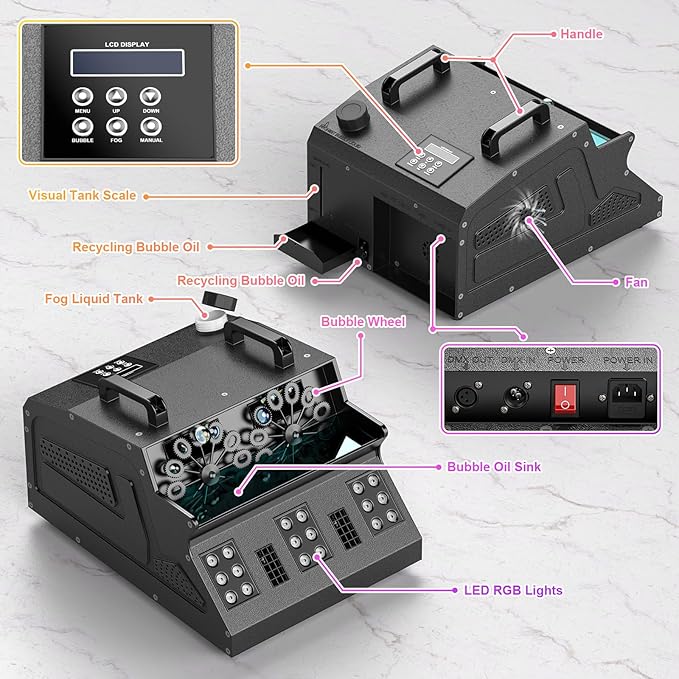 2000W Fog Machine, 3 in 1 Fog Bubble Machine with 2 Bubble Fans, 18 RGB LED Lights Smoke Bubble ALL IN ONE Fog Machine, Bubble Machine for Halloween Christmas Party Wedding, 2 Pack