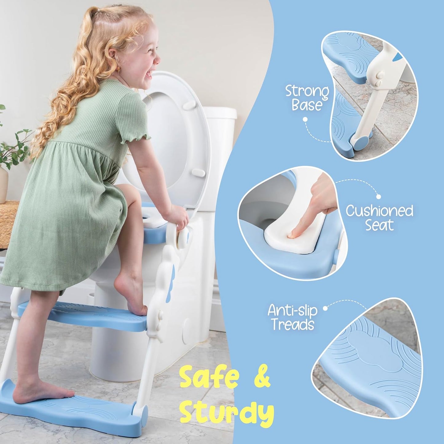 Musical & Sound Toddler Potty Training Seat w/Step Stool Ladder - Collapsible & Adjustable Toilet, Pre Assembled Toddler Toilet Seat w/Music & Sounds - Splash Guard & Anti-Slip Steps - Blue