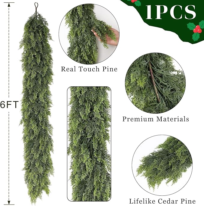 6FT Real Touch Cedar Garland - Artificial Christmas Garland Fake Green Faux Thick and Lush Pine Needles Garlands for Table Fireplace Mantle Holiday Home Indoor Outdoor Decor (1PCS)
