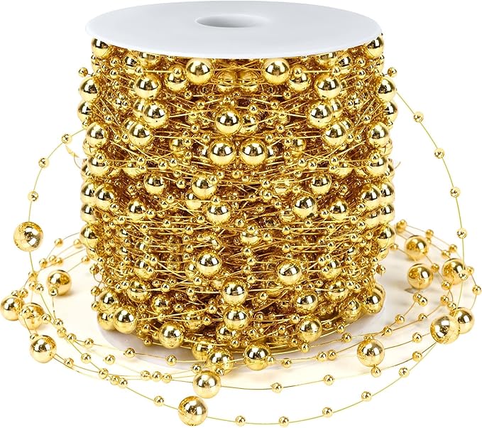 JULBEAR Beads Garland Decoration,1 Rolls 131 Feet Gold Christmas Pearl Strands Chain Bead Garland for Christmas Tree Fireplace Wreath Gift Bouquet Crafts Wrapping Wedding Party Centerpieces Decoration