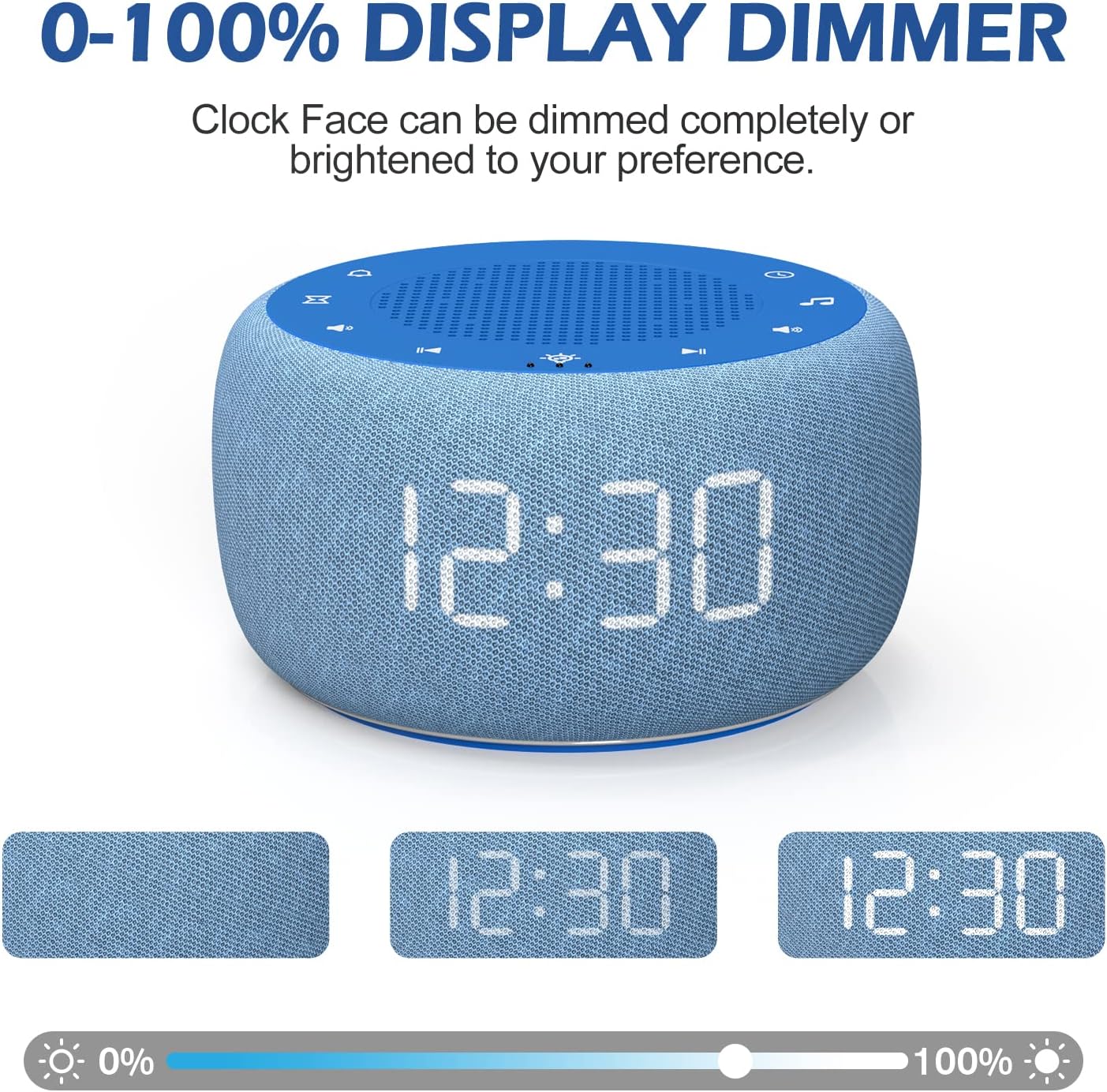 Buffbee Sound Machine & Alarm Clock 2-in-1, 0-100% Clock Face Brightness, Bottom Colored Light, Sleep Timer, Precise 30-Level Volume Control White Noise Machine - Twilight