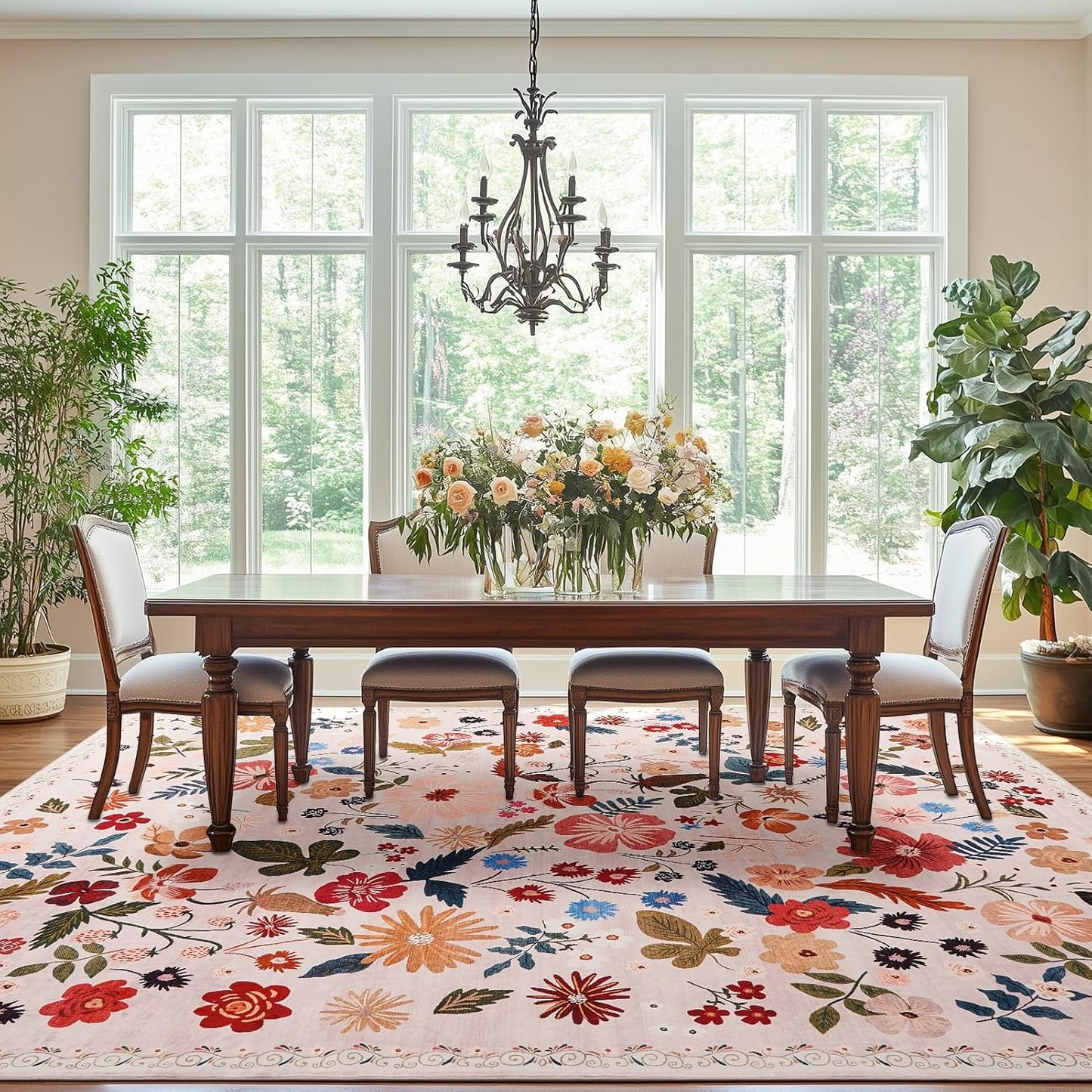 Beige Pink 8x10 Area Rugs for Living Room Boho Vintage Floral Washable Large Rug Low Pile Non Slip Stain Resistant Cottagecore Carpet Rug for Bedroom Dining Room Kids Playroom Dorm Spring Decor
