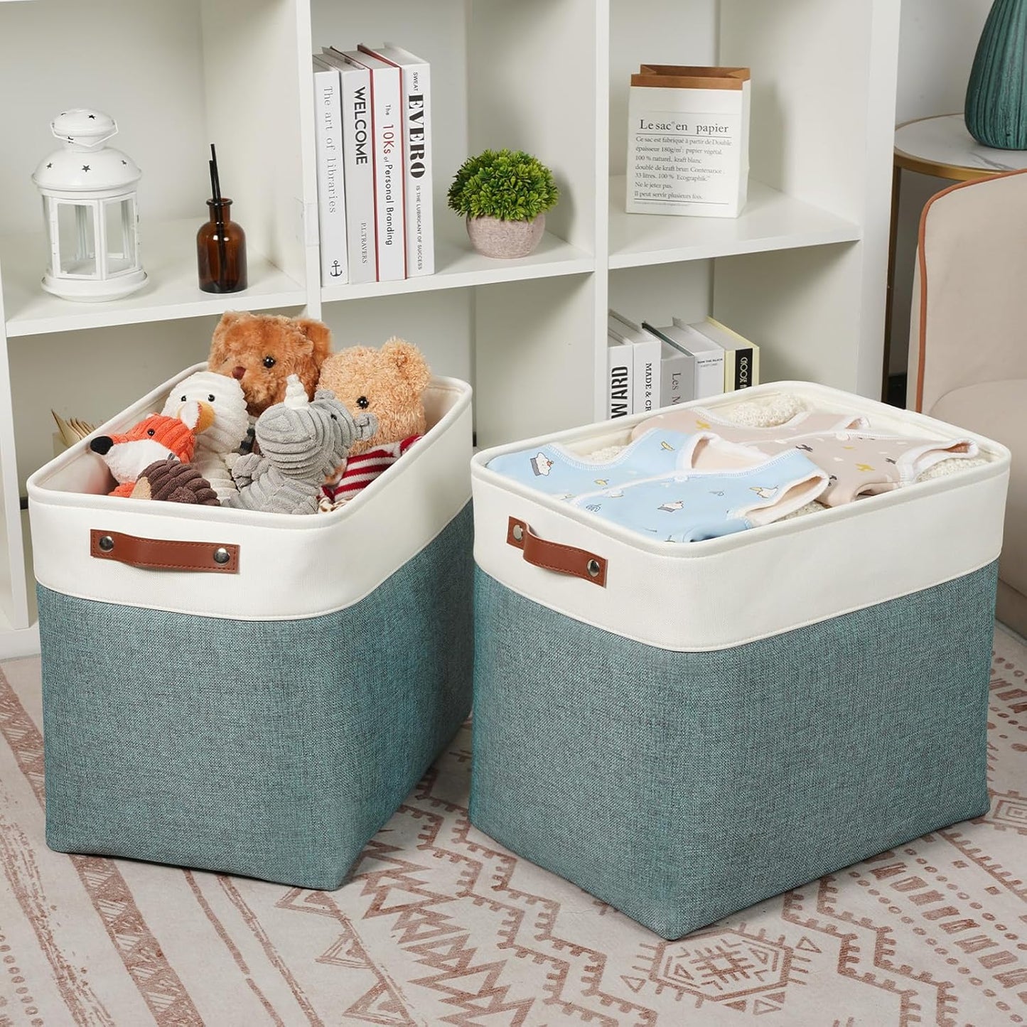 DULLEMELO Extra Large Storage Baskets,Fabric Storage Bins with Handles for Home,Office,Closet,Clothes,Foldable Storage Bins for Closet, White&Dark Green 2-Pack