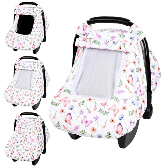 Pea Pod Car Seat Cover Baby, Infant Car Seat Canopy Covers with 2 Layers Windows of Breathable Mesh Fabric, Lightweight Polyester, Soft Minky Dot Backing (Butterfly Pattern)