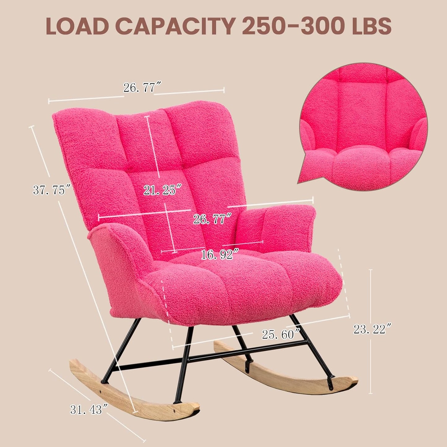 Rocking Chair Nursery Teddy Upholstered Glider Rocker Rocking Accent Chair Padded Seat with High Backrest Armchair Comfy Side Chair for Living Room Bedroom Offices (Hotpink Teddy)
