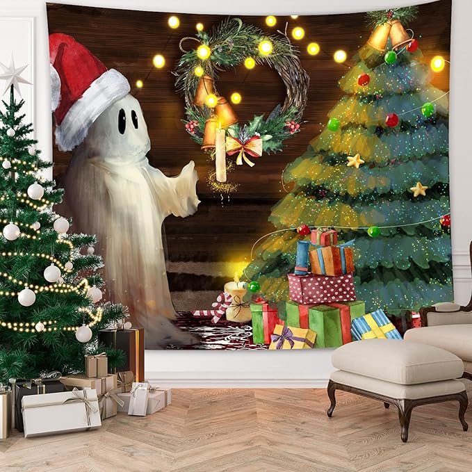 QGHOT Christmas Tapestry Wall Hanging Christmas Tree Backdrop Cute Ghost Wall Decor Xmas Holiday Tapestries for Kids Bedroom Living Room Dorm Party Decoration, Large